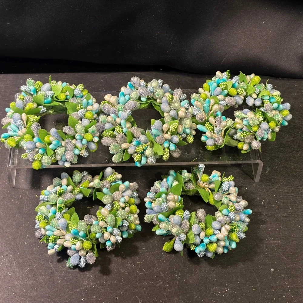 Set of 5 Teal and Green Beaded Berry Floral Napkin Rings Spring Garden Decor